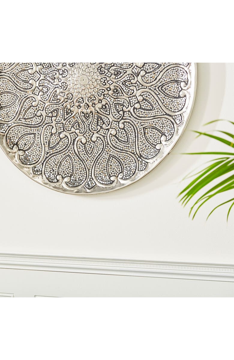 WILLOW ROW Large Round Silver Aluminum Wall Decor with Mosaic Mirror Detail - 33" x 33", Alternate, color,