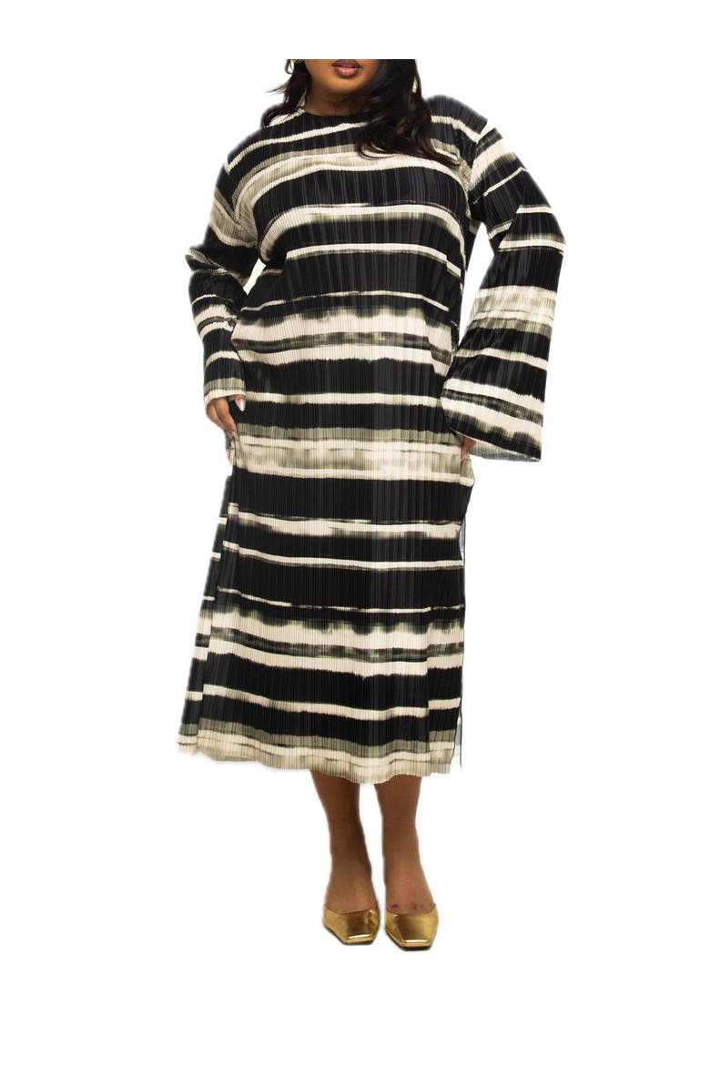 Long Sleeved Striped Plisse Midi Dress, Alternate, color, Khaki