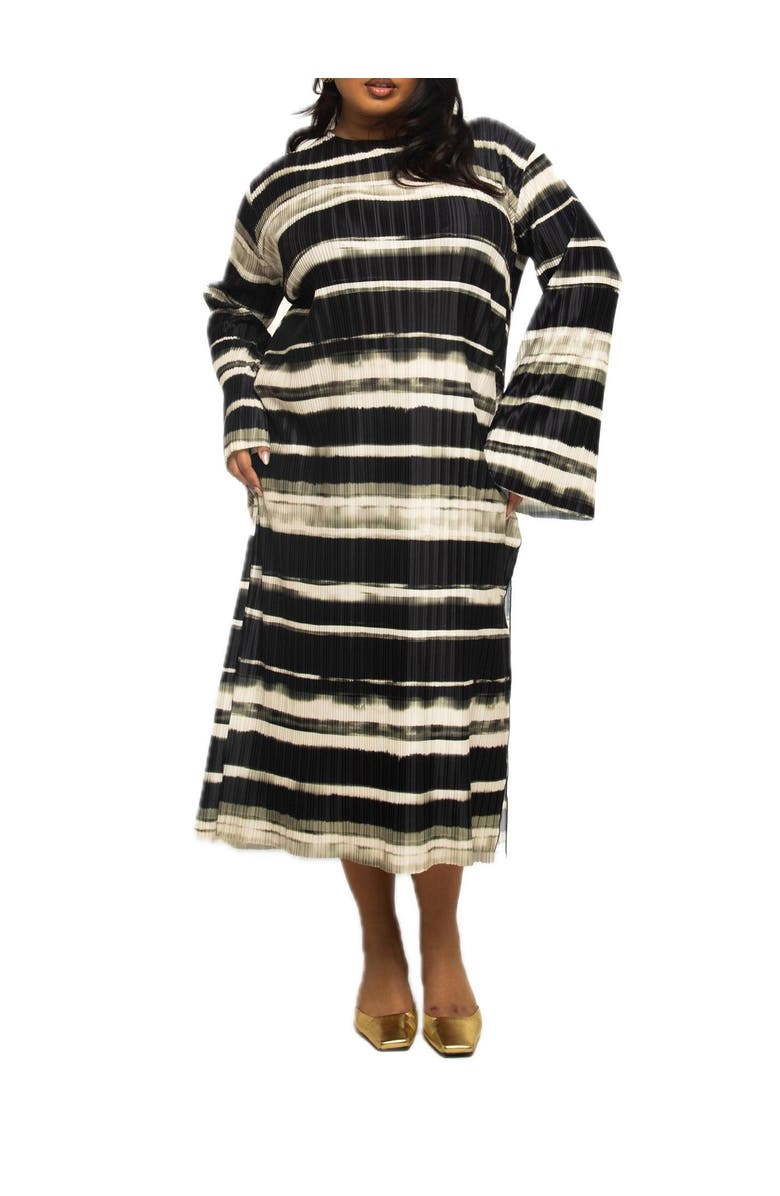 FASHION-SZN CURVE Long Sleeved Striped Plisse Midi Dress, Alternate, color, Khaki