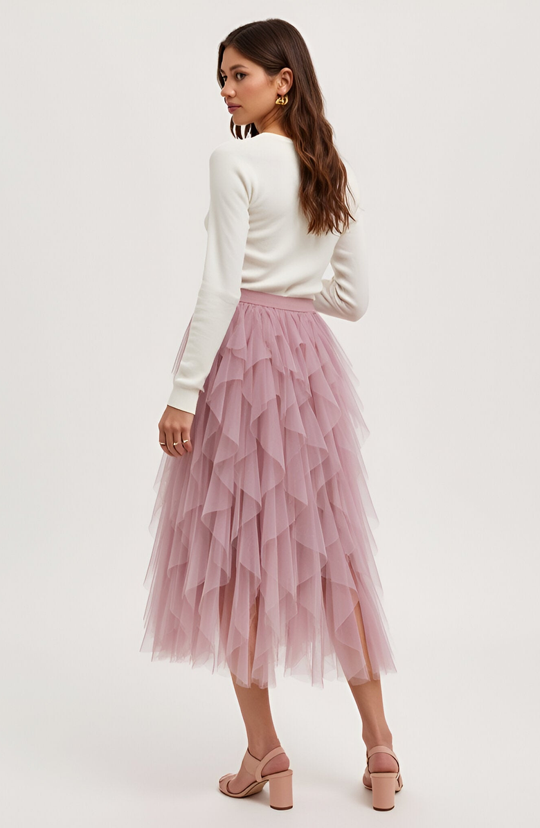 Modenaire Tiered Tulle Midi Skirt with Layered Ruffle Detail and Elastic Waistband, Alternate, color,