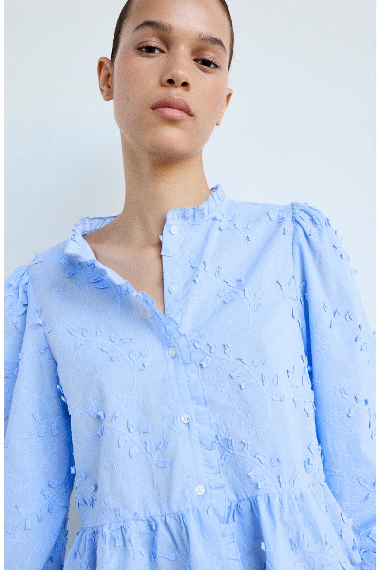 Embroidered Ruffle Peplum Cotton Button-Up Top, Alternate, color, BLUE