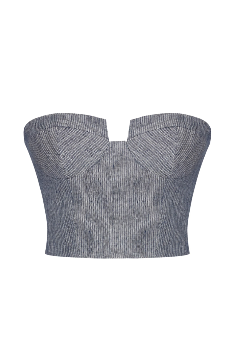 Storm Striped Linen-Blend Bustier Top, Alternate, color, Blue