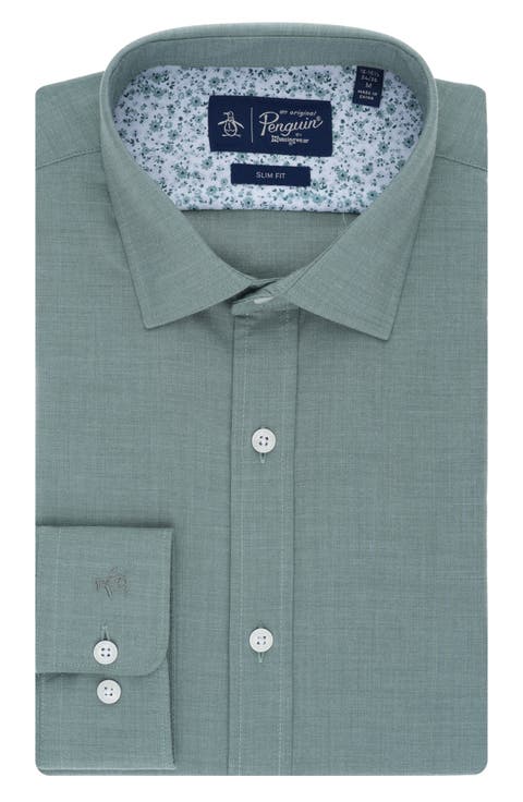 Big & Tall Melange Floral Trim Slim Fit Dress Shirt
