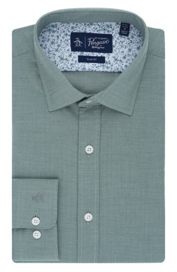 Original Penguin Melange Floral Trim Slim Fit Dress Shirt In Sage