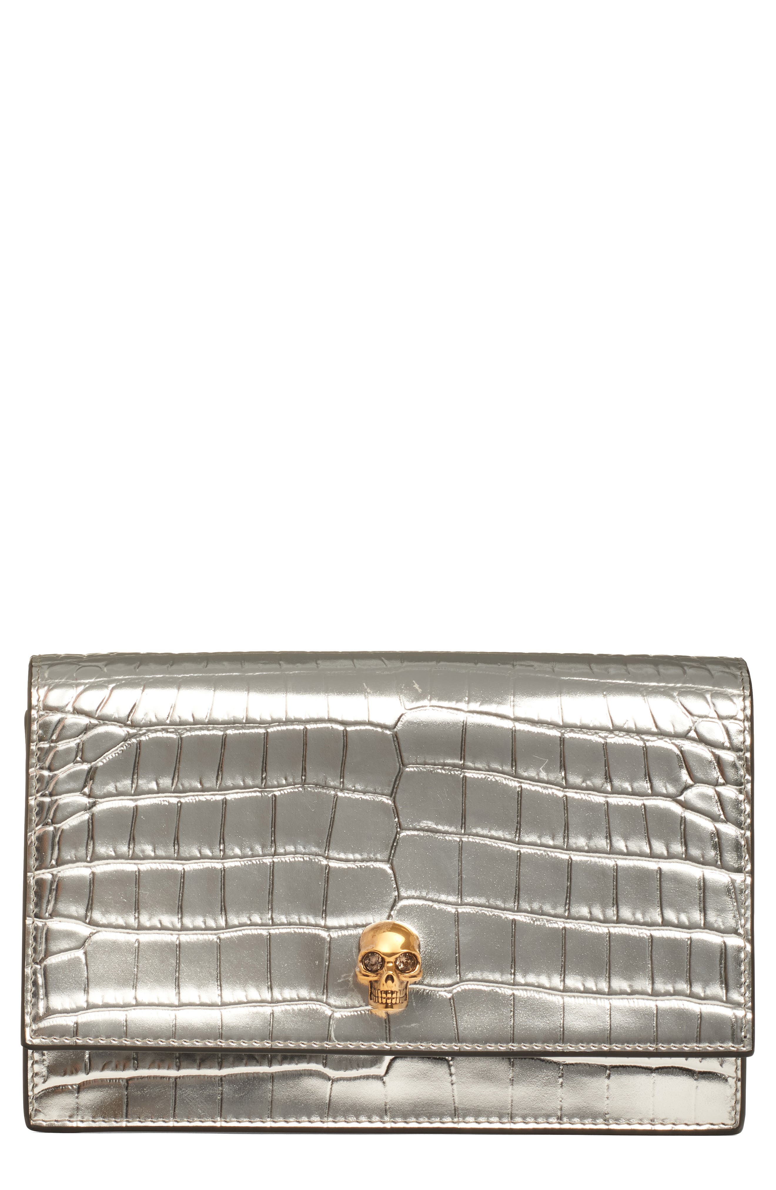 McQueen Small Skull Croc Embossed Leather Shoulder Bag, Main, color, 