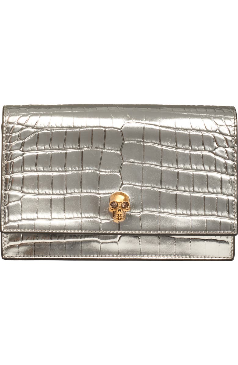 McQueen Small Skull Croc Embossed Leather Shoulder Bag, Main, color, Silver/ Gold