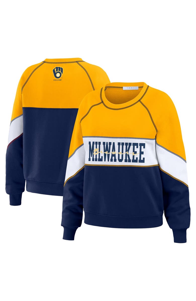 WEAR by Erin Andrews Women's WEAR by Erin Andrews Gold/Navy Milwaukee Brewers Color Block Crew Neck Pullover Sweatshirt, Main, color,