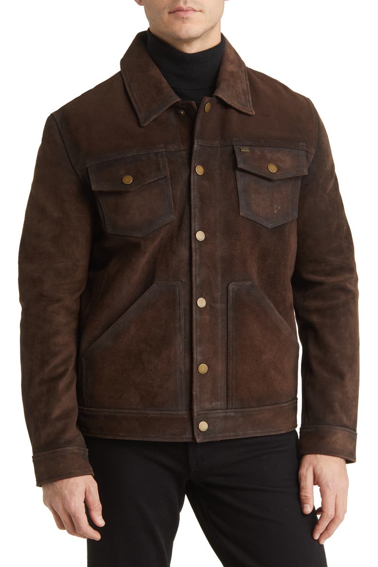 Leather Trucker Jacket, Alternate, color, DARK BROWN