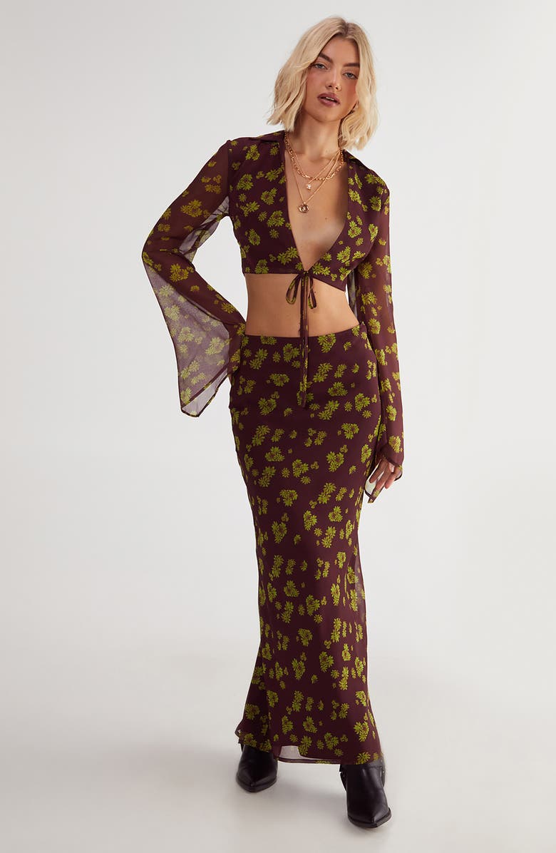 NASTY GAL Ditsy Floral Bias Cut Crinkle Chiffon Maxi Skirt, Alternate, color, Chocolate