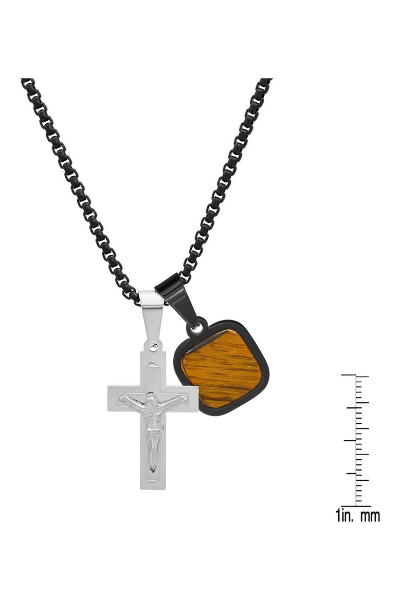 Men's Two-Tone Stainless Steel Tiger's Eye Charm & Crucifix Pendant Necklace, Alternate, color, BLACK