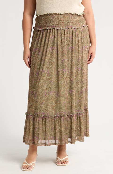 Paisley Smocked Waist Maxi Skirt (Plus)
