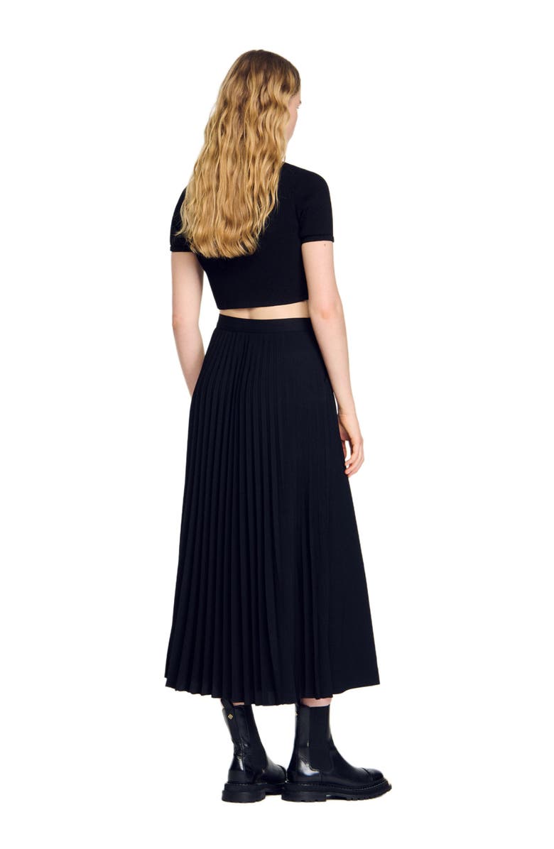 SANDRO Curb chain buckle pleated skirt, Alternate, color, Black
