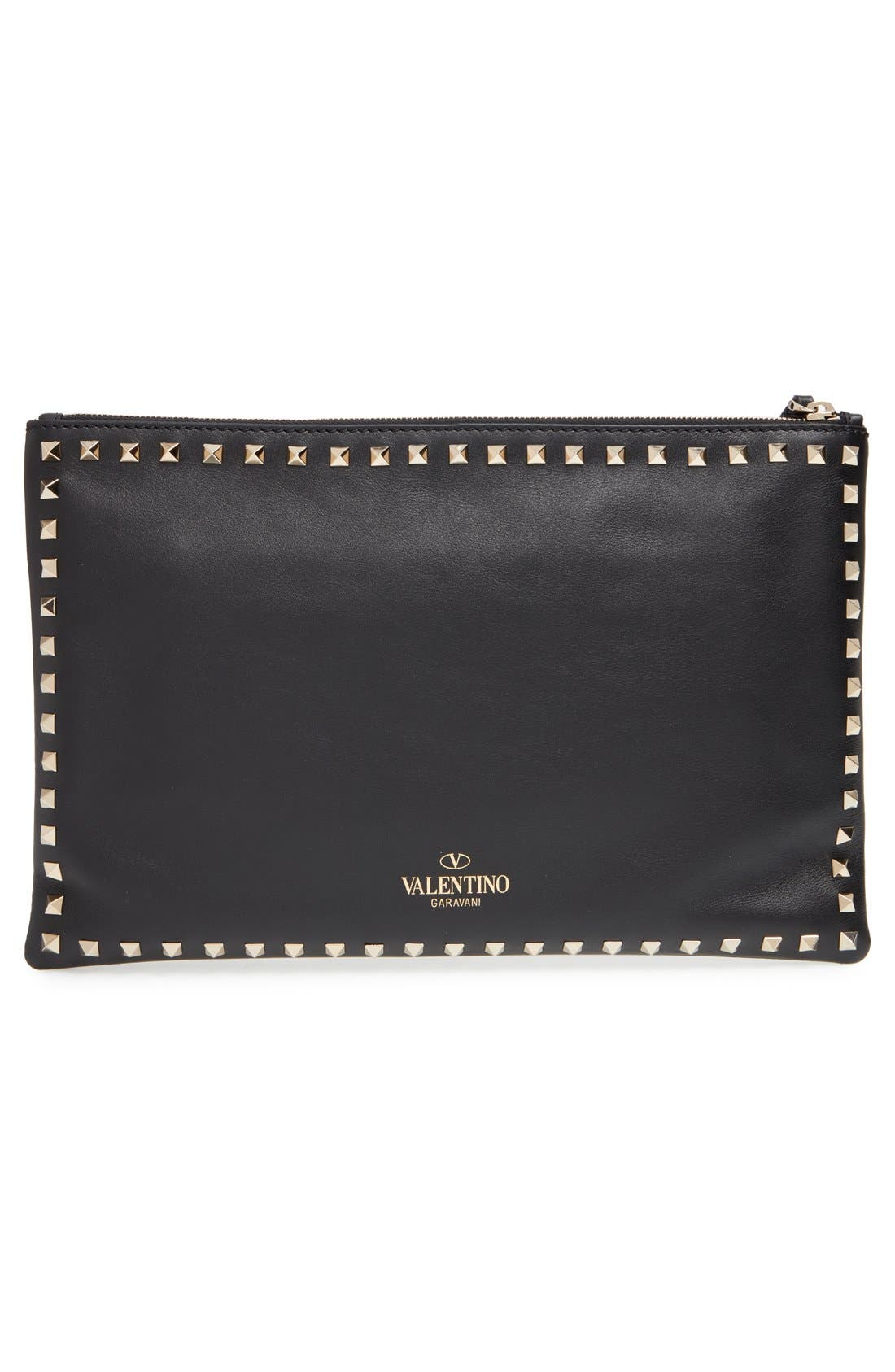 'Rockstud' Leather Clutch, Alternate, color, BLACK