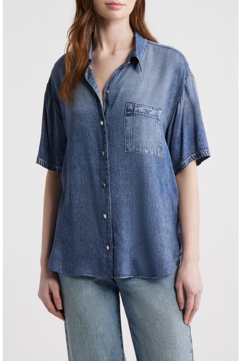 rb Miramar Slink Lounge Connie Trompe L'Oeil Faux Denim Button-Up Shirt, Main, color, LAGOON