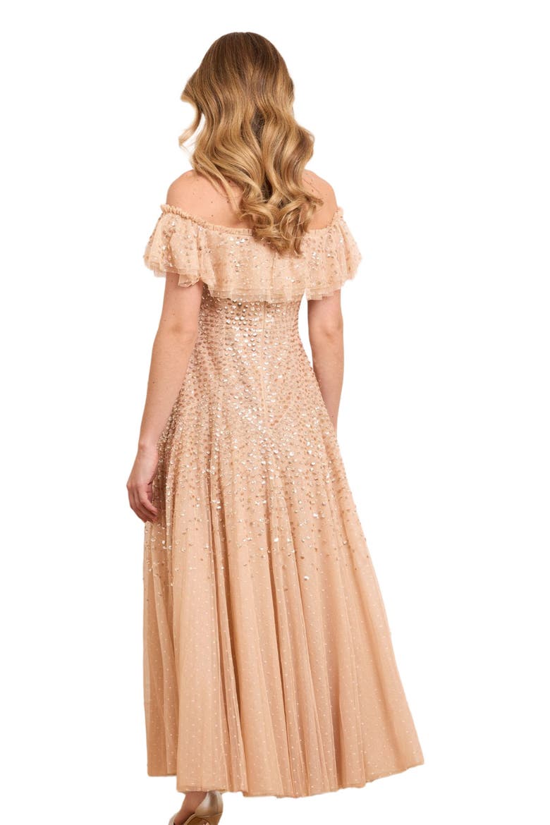Dappled Sequin Off-Shoulder Ankle Gown, Alternate, color, Butterscotch