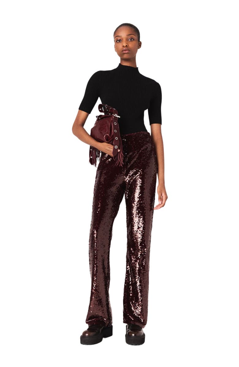 maje Sequin-embroidered trousers, Main, color, Burgundy