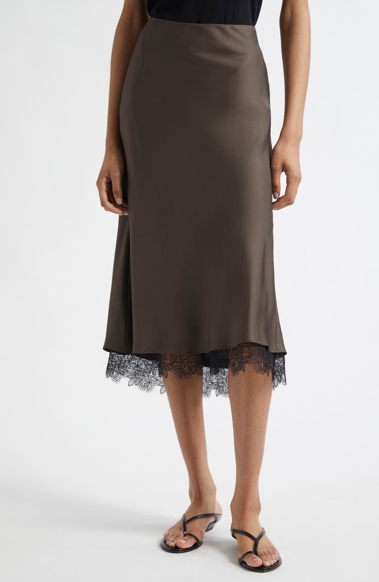 Róhe Lace Trim Silk Midi Skirt, Main, color, Earth