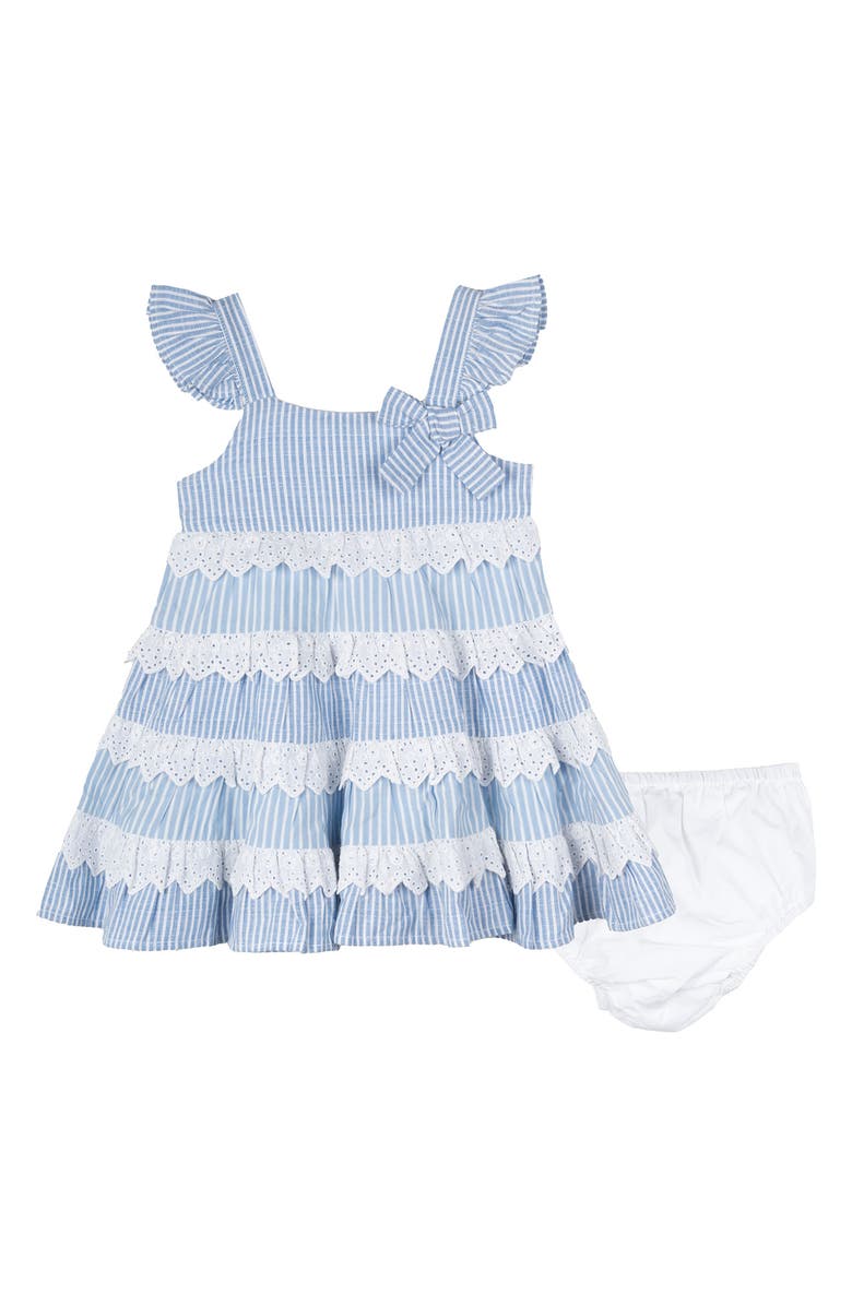 Rare Editions Stripe Tiered Dress & Bloomers Set, Main, color, Blue