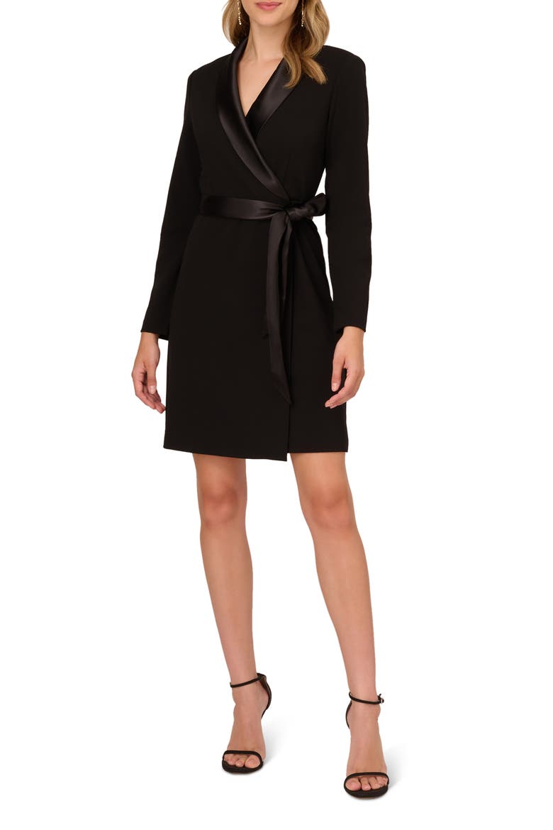 Tux Long Sleeve Crepe Faux Wrap Dress, Main, color, BLACK