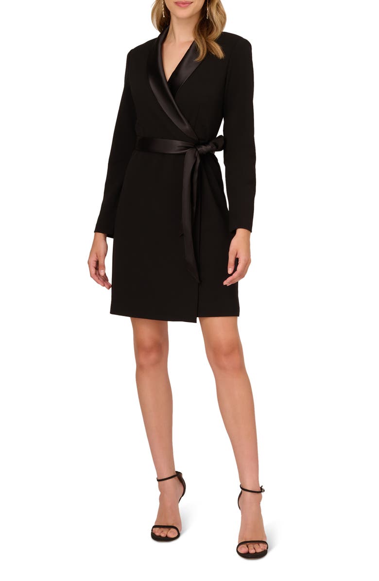 Adrianna Papell Tux Long Sleeve Crepe Faux Wrap Dress, Main, color, Black