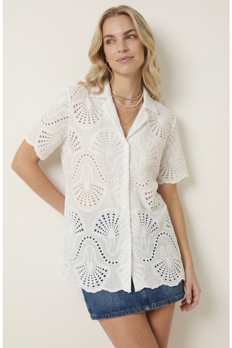 Scalloped Eyelet Shirt with Coastal Shell Motif, Main, color, White