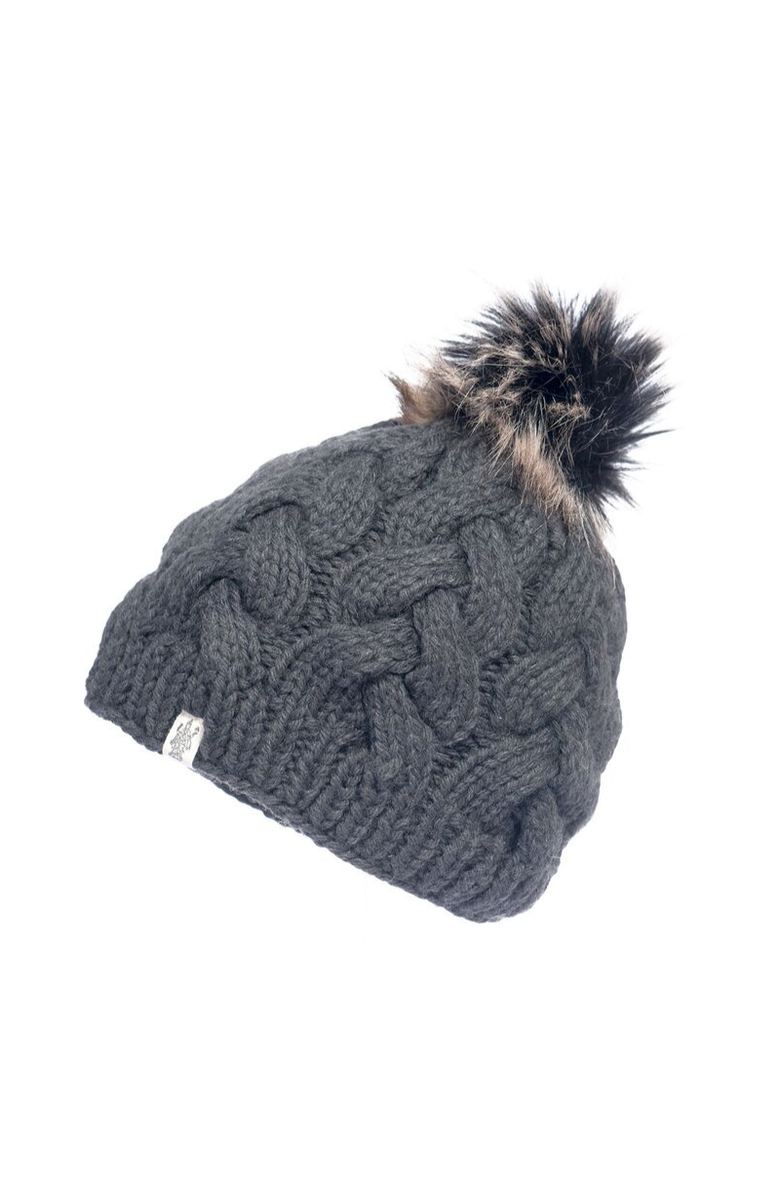 Nirvanna Designs Boheme Cable Beanie w/ Faux Fur Pom, Main, color, Smoke