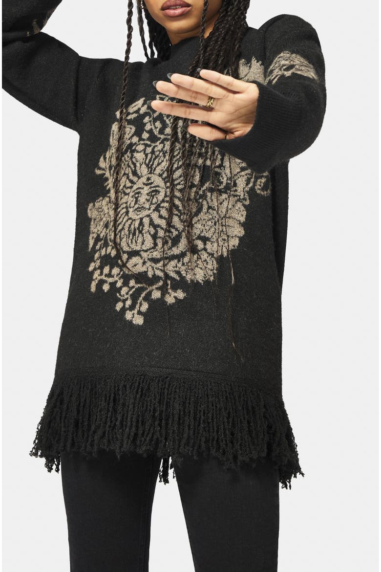 Dia Fringe Hem Jacquard Knit Sweater, Alternate, color, Black