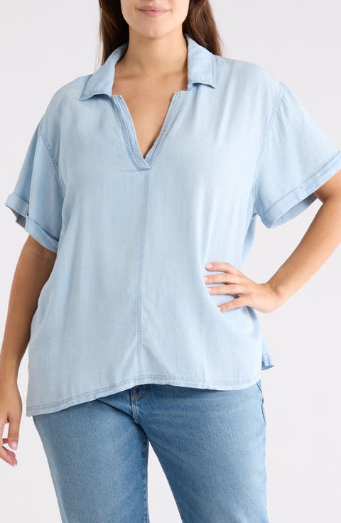 Short Sleeve Popover Denim Top (Plus)