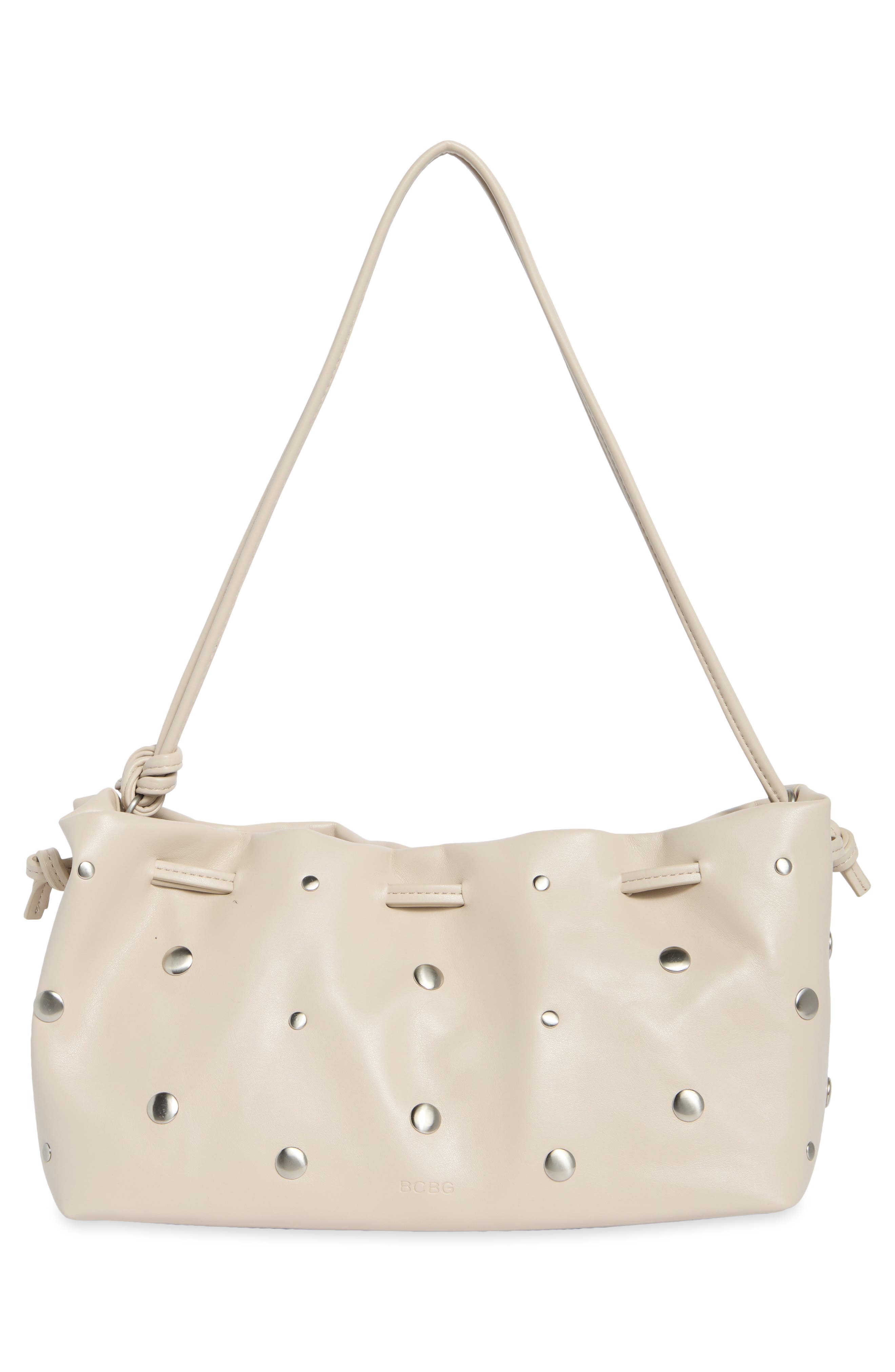 Studded Drawstring Faux Leather Shoulder Bag, Alternate, color, ALMOND
