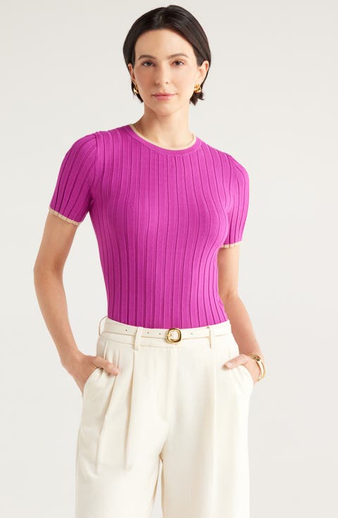 Tipped Short Sleeve Ribbed Sweater