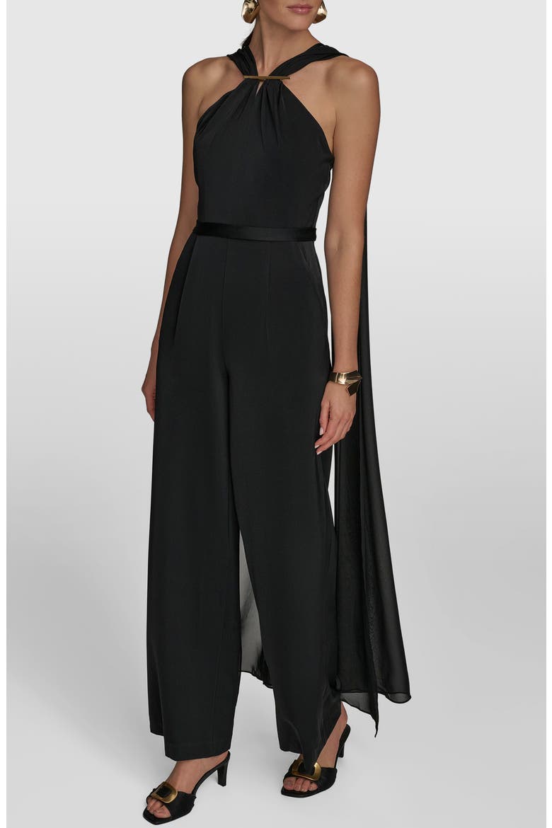 Halter Neck Chiffon & Satin Jumpsuit, Main, color, BLACK
