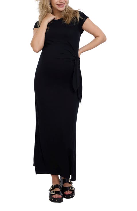 Crew Neck Short Sleeve Side Tie Maternity Midi Dress