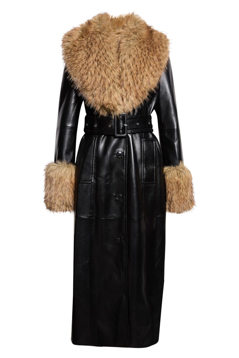 Estella Belted Faux Leather Coat with Faux Fur Trim, Main, color, BLACK/ NATURAL