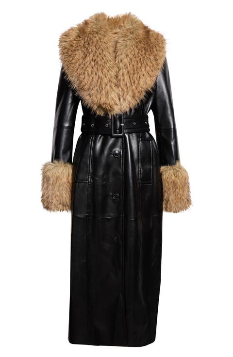 Estella Belted Faux Leather Coat with Faux Fur Trim