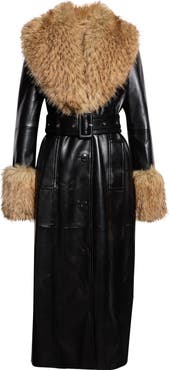 Stand Studio Estella Belted Faux Leather Coat with Faux Fur Trim