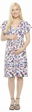 24seven Comfort Apparel Maternity Abstract V-Neck Cap Sleeve Knee Length A-Line Pocket Dress