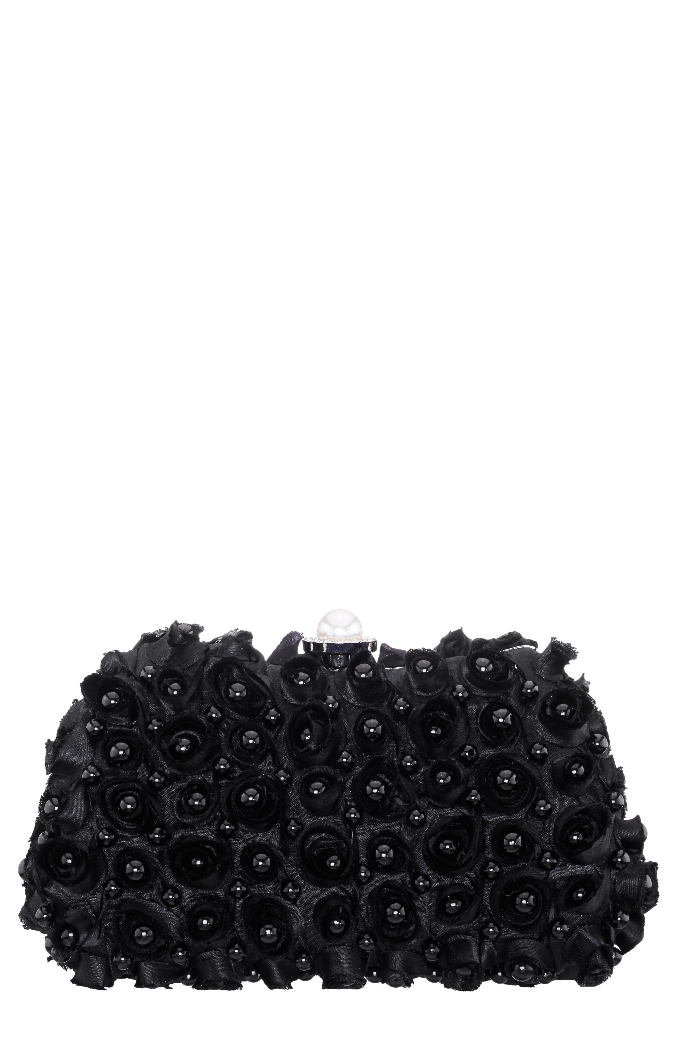 Paloma Rosette Imitation Pearl Frame Clutch, Main, color, BLACK