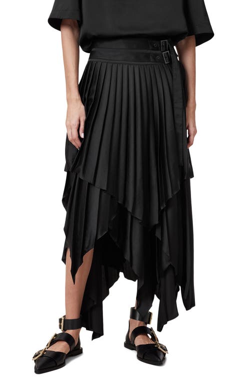 Allsaints Womens Black Kat Pleated Asymmetric-hem Satin Midi Skirt In Black