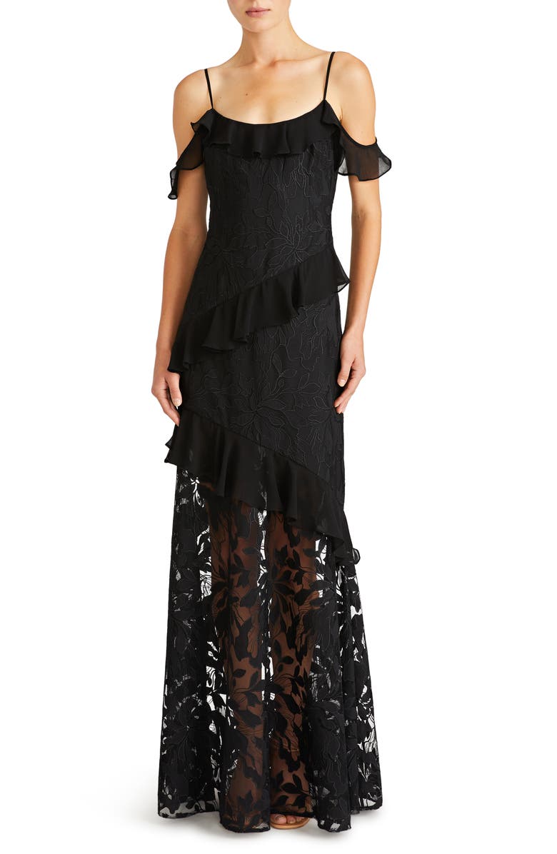 ML Monique Lhuillier Sienna Ruffle Cold Shoulder Lace Gown, Main, color,