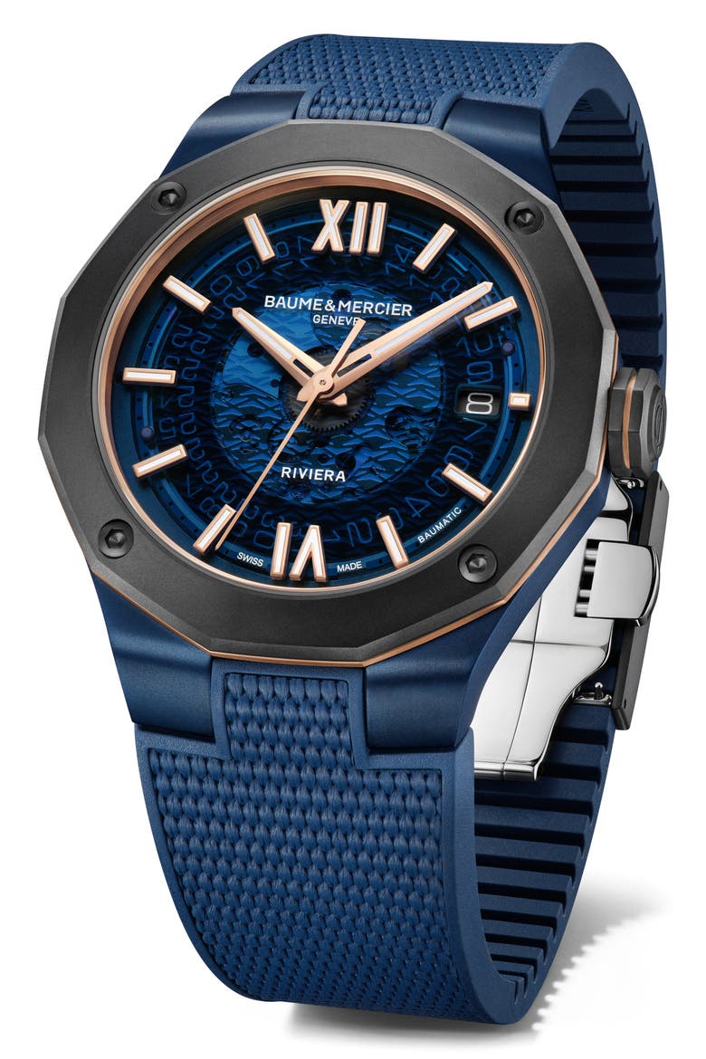 Riviera 10769 Rubber Strap Watch, 42mm, Alternate, color, SMOKED BLUE SAPPHIRE