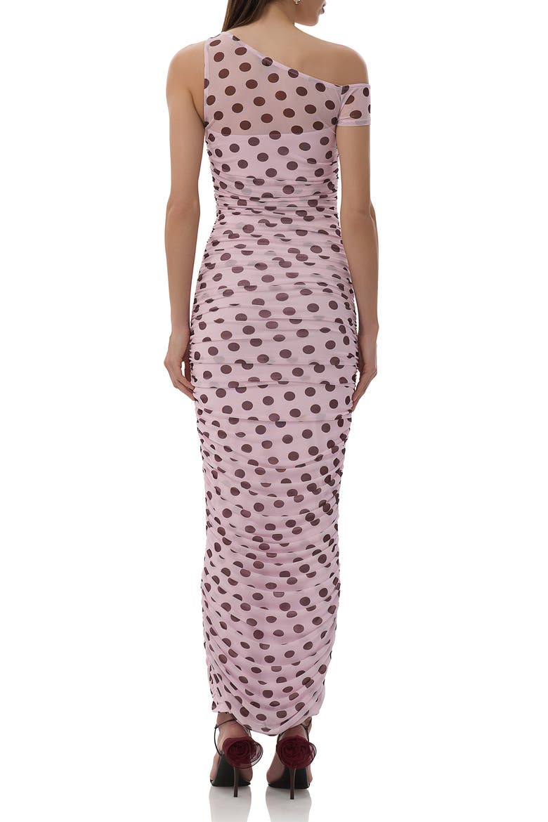 Biona Printed One-Shoulder Ruched Mesh Maxi Dress, Alternate, color, ROSE DOT