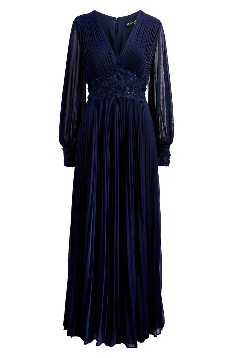 Betsy & Adam Sequin Waist Long Sleeve Gown, Alternate, color, Navy
