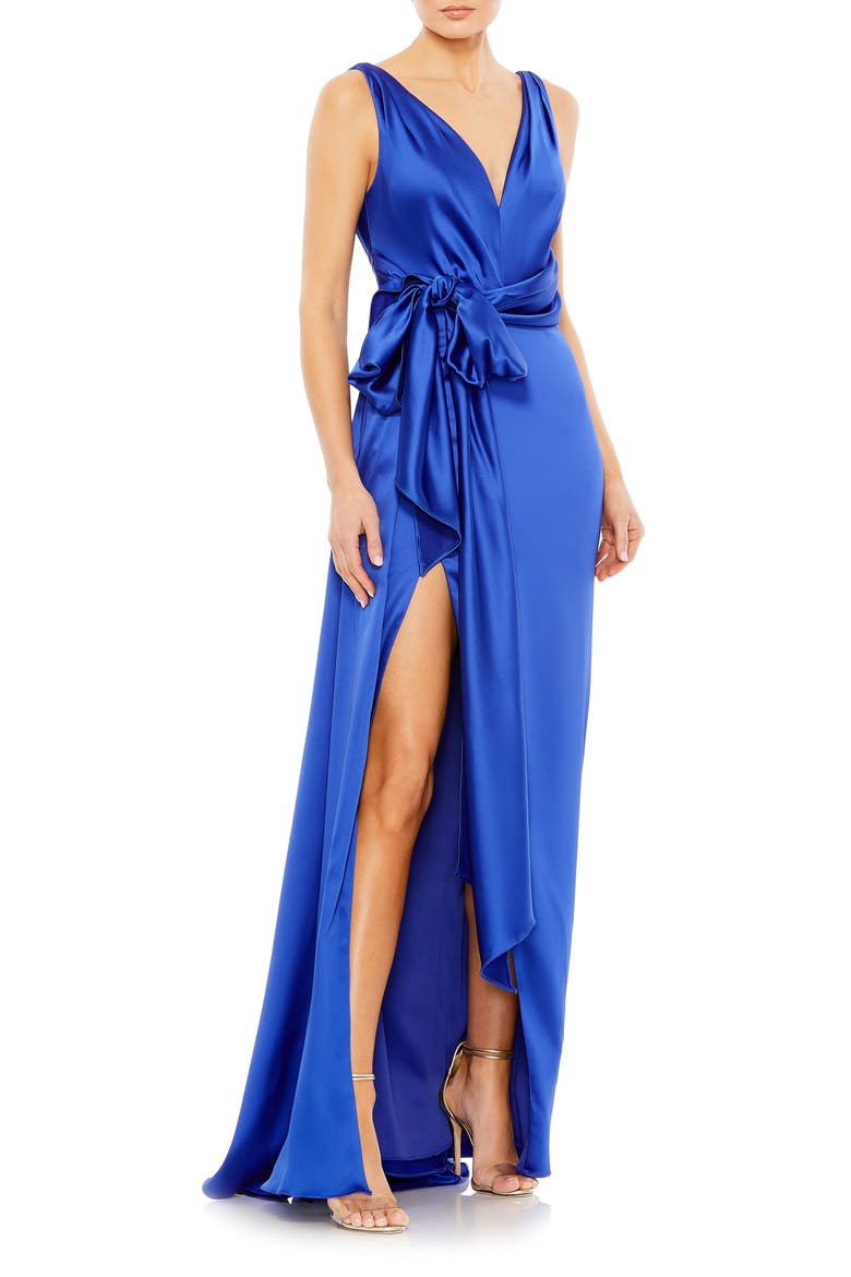 Sleeveless V Neck Self Tie Overlay Train Satin Gown, Main, color, ROYAL