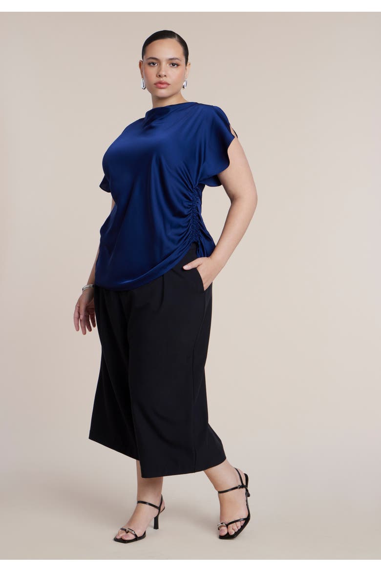 Flutter Sleeve Draped Satin Top, Alternate, color, INKLING