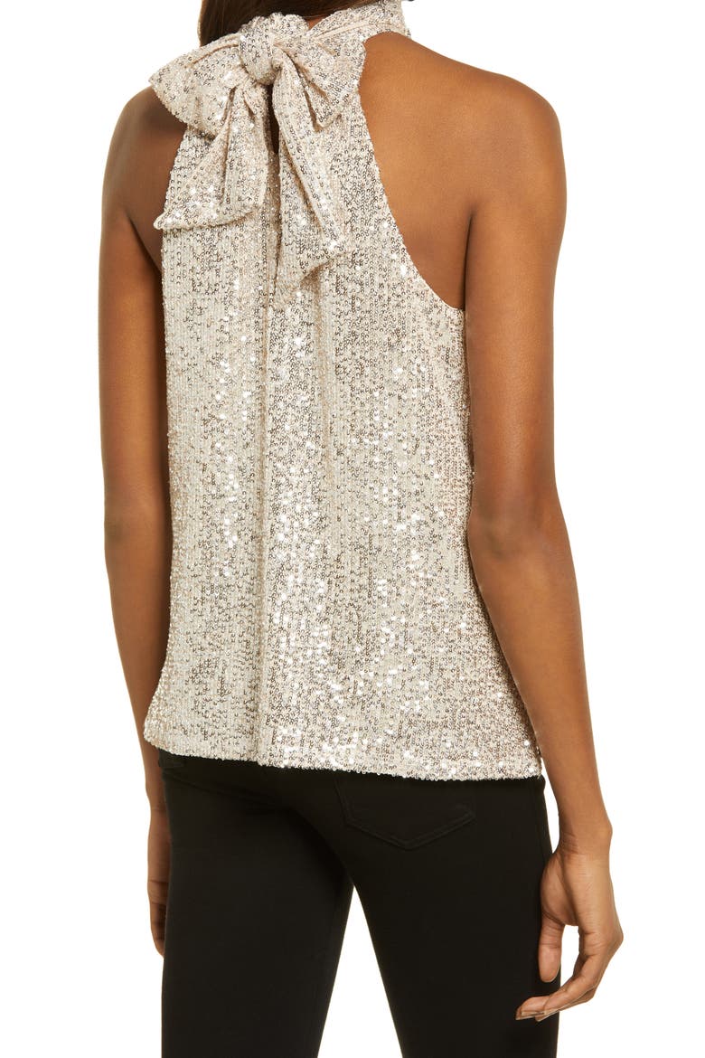 High Neck Sequin Halter Top, Alternate, color, BEIGE- SILVER SEQUIN