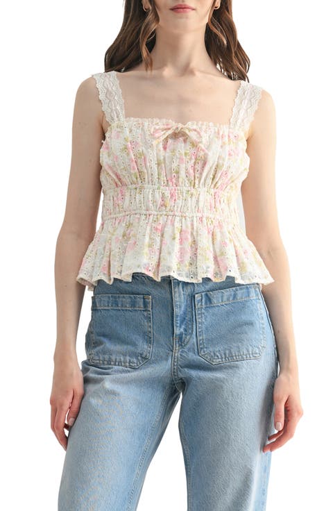 Lace Strap Embroidered Eyelet Peplum Top