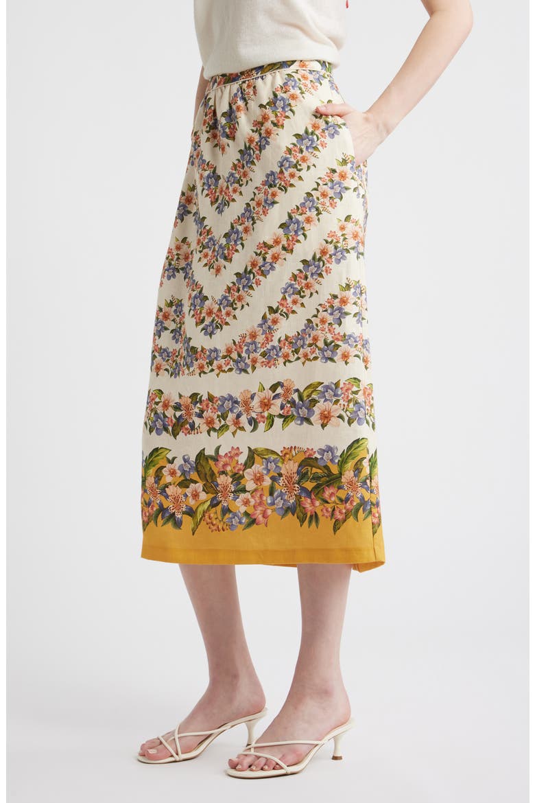 Floral Linen Midi Skirt, Alternate, color, SAND