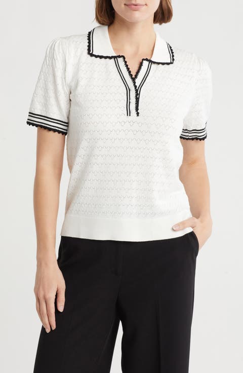 Tipped Pointelle Polo Sweater