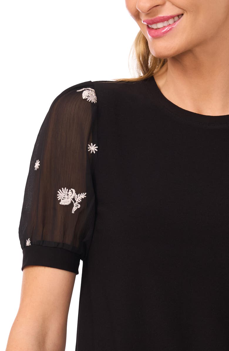 CeCe Puff Sleeve Mixed Media Top, Alternate, color, Rich Black