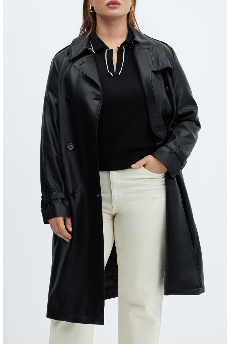 Double Breasted Water Repellent Faux Leather Trench Coat, Main, color, BLACK